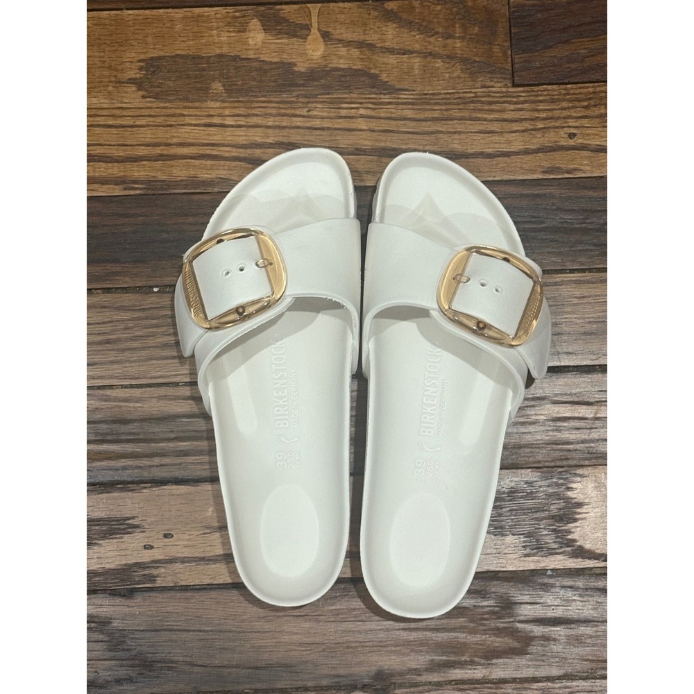 Birkenstock White Slide Sandals with Gold Buckles